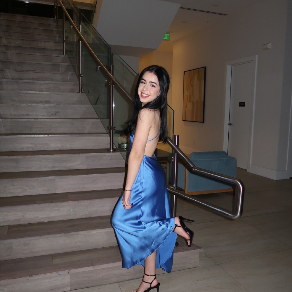 Blue Halter Slip Dress with Slit